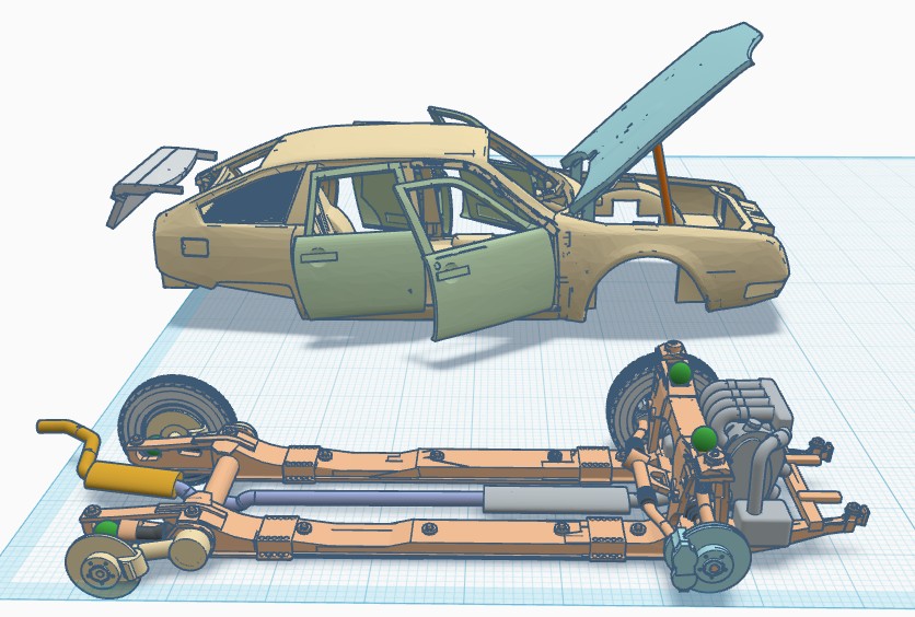 Modélisation 3D séparée de la carrosserie et de l’ensemble mécanique de la Citroën CX